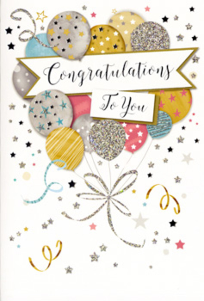 The image presents a luxurious congratulations card that feels as if it has been designed to bottle the atmosphere of a celebration in Elm Park on a bright afternoon. Dominating the card is a lush bouquet of illustrated balloons rising from the lower section, overlapping in gentle layers so that some appear closer, others slightly veiled behind. Their colours range from opulent gold and polished silver to soft champagne, sky blue, blush pink, and a muted dove grey, all coordinated in a harmonious, modern palette. Each balloon carries its own decorative accent: some are sprinkled with tiny twinkling stars, others are ringed with fine stripes or dusted with glitter that seems to catch an unseen light source. Stretching horizontally across the middle, a ribbon-like banner unfurls with the words Congratulations To You scripted in stylish, looping lettering, adding a formal yet heartfelt note. Around the balloon cluster, scattered metallic stars and curling ribbons float across a pale, uncluttered background, echoing the carefree moment when confetti fills the air at a party. The overall effect is both joyful and polished, like the finishing touch you might choose from Flowers Elm Park to accompany an elegant bouquet for a promotion, a passed driving test, or exam success at a nearby school. As someone used to matching cards with arrangements, I can almost imagine this design propped against a vase of fresh blooms on a dining table in a home off Hornchurch Road, quietly radiating pride, happiness, and a sense of a milestone properly marked.