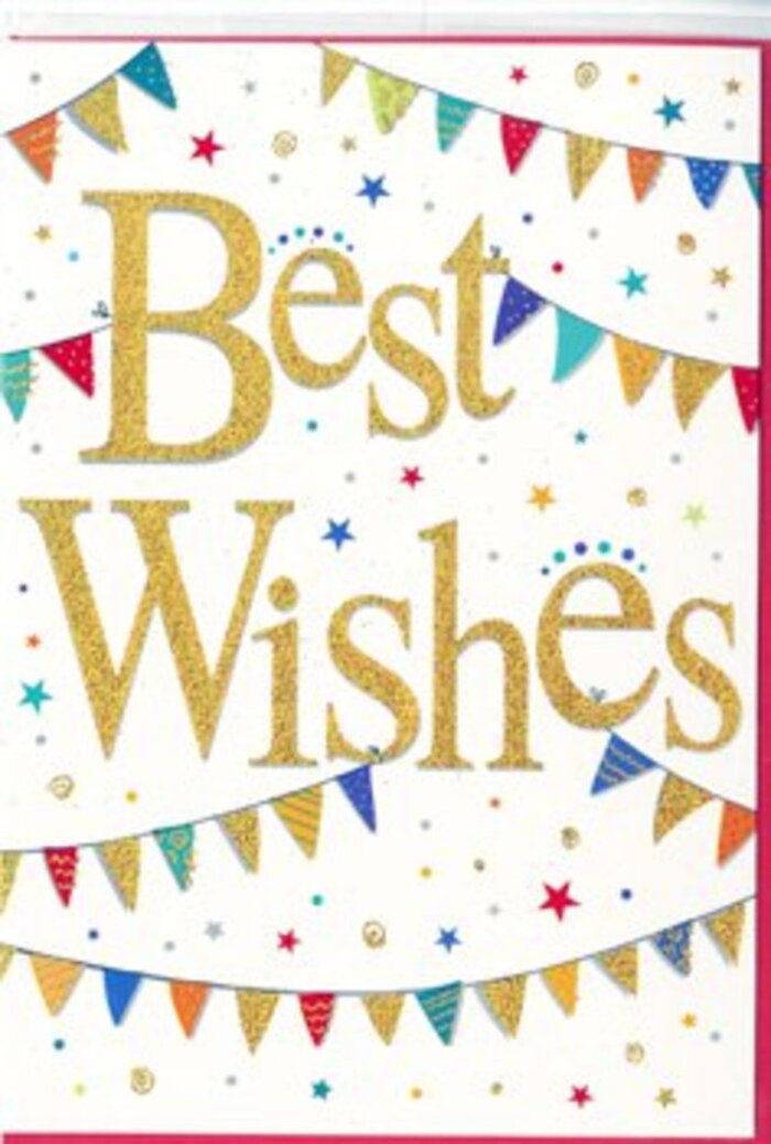In this image, a richly detailed Best Wishes card is presented as if waiting to be tucked into a celebratory bouquet for delivery somewhere in Elm Park. At the heart of the card, the words Best Wishes are rendered in lush golden lettering, each stroke slightly raised and dusted with fine glitter. The script feels both luxurious and friendly, the kind of hand-lettering you might associate with a carefully written note rather than mass print. Against a pure white backdrop, the gold shimmers as though catching gentle daylight, drawing the eye to the sentiment before anything else. Framing the message are graceful arcs of bunting, reminiscent of decorations seen at community events near Elm Park station or around local school fairs. These bunting strings curve softly across the top and bottom of the card, each tiny triangular flag painted in vivid, jewel-like colours-ruby reds, sapphire blues, grassy greens, and sunny yellows-some adorned with stripes, others with playful dots or intricate little patterns. Between these arcs, small stars and confetti-like specks are sprinkled, spaced so they feel airy and light rather than crowded. The confetti dots appear in coordinating colours, while the star shapes glint slightly, suggesting a touch of metallic ink. The overall mood is joyous, optimistic, and inclusive, suitable for offering congratulations on anything from exam success to a new baby, a retirement, or a move to a new home near Hornchurch Country Park. As a florist used to pairing such cards with fresh arrangements for local deliveries, I can almost picture its bright design peeking out between petals, amplifying the sense of celebration and sincere good wishes.