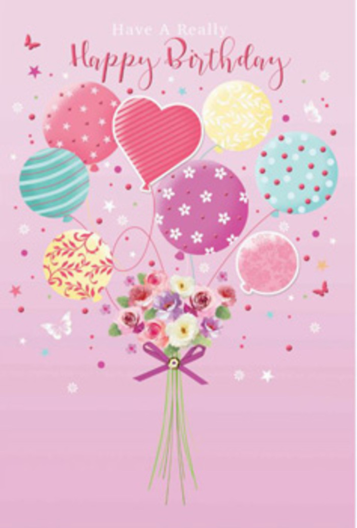 This birthday card artwork presents a whimsical, almost storybook celebration, as if a florist in Elm Park had sketched their idea of the perfect cheerful surprise. The background is a smooth wash of soft pink, not too bold, more like the inside of a seashell or the sky above nearby Harrow Lodge Park at first light. Against this gentle backdrop, a bouquet of pastel balloons floats upwards in a loose, organic cluster. The colours are soothing and playful: tender rose pinks, pale lemon yellows, light sea greens, and hints of lavender float together in harmony. Each balloon is decorated differently, some dressed in twirling candy-stripe bands, others in dancing dots, while a few display simple floral and swirl patterns that suggest movement and fun. Centrally, a slightly larger balloon forms a heart shape, radiating a subtle message of love and birthday affection. Below this airy canopy, a small bouquet is depicted as though it is the anchor that brings the balloons together. The flowers are dainty yet abundant, with miniature roses and soft, daisy-like blossoms in creamy white, blush, and muted mauve, their petals layered and shaded to show depth and softness. The bouquet is bound with a rich purple ribbon tied into a neat bow, the satin-like texture catching highlights as if under gentle shop lighting at Flowers Elm Park. Around the main design, tiny stars and butterflies hover, giving the impression of a breeze carrying confetti over a local birthday party. The mood is warm, imaginative, and gently jubilant, making the card feel like a thoughtfully crafted keepsake for any birthday celebrated in and around Elm Park.