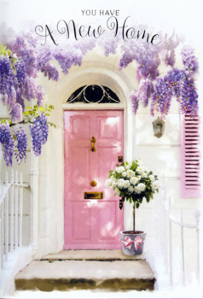 The scene unfolds at a charming Elm Park doorway, where floral artistry and homely warmth meet in perfect balance. A gently painted pink front door, neither too bright nor too pale, anchors the composition, its surface smooth and almost velvety to the eye. Surrounding it, whitewashed walls offer a clean, bright backdrop, while a softly tinted shutter, brushed in a coordinating pastel hue, leans open as though inviting in the afternoon light, much like the cosy houses along nearby The Broadway on a sunny day. Above the entrance, wisteria cascades in full, fragrant splendour. The blooms tumble in generous clusters of lavender and lilac, each trailing raceme layered with delicate, pea-like petals that seem to sway in a breeze you can almost feel. The texture is rich and feathery, casting intricate shadows that dance over the frame of the door. At ground level, placed with thoughtful care on the step, sits a stylish grey tin bucket. It is filled to overflowing with lush white and creamy roses, their soft, rounded petals spiralling outward in full, luxurious blooms. Sprigs of fresh greenery weave between the roses, introducing touches of sage and soft emerald that give the arrangement depth and that just-picked-from-the-garden character a local florist in Elm Park would prize. Around the bucket, a pastel pink satin ribbon is tied with quiet elegance, its tails resting lightly against the metal, echoing the door's rosy tone and tying the whole palette together. Gentle sunlight filters through the wisteria vines, creating a pattern of light and shade that feels intimate, like a cherished snapshot of move-in day. The overall mood is one of hope and hushed excitement-an ideal image for a greeting card that celebrates a new address, a fresh start, and the comforting sense that this flower-framed threshold will soon be filled with laughter and everyday memories.