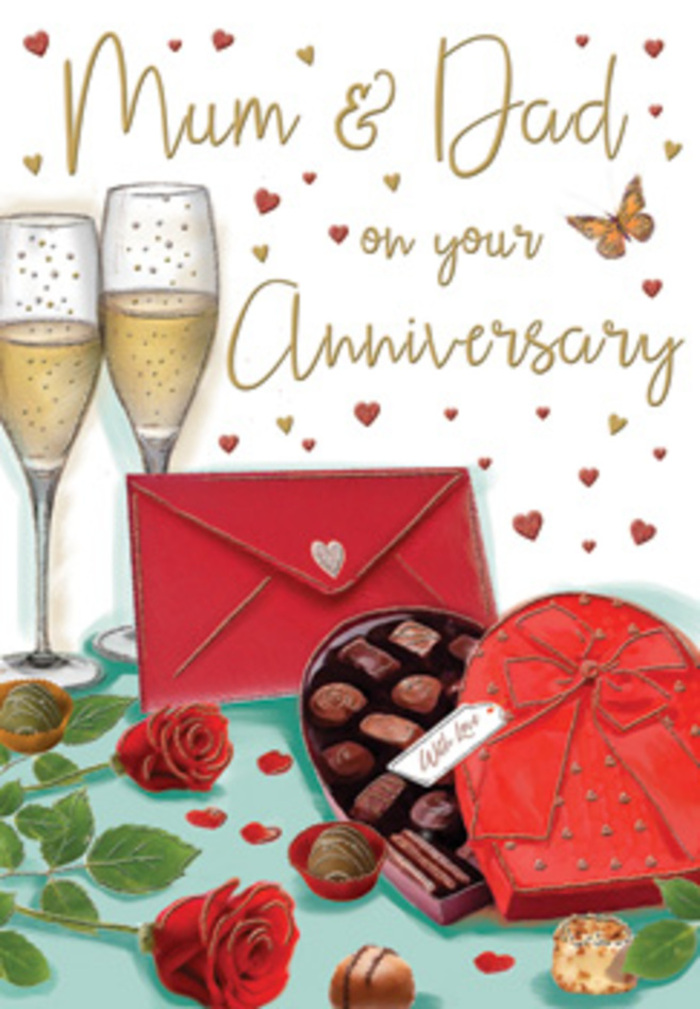 There is a quietly luxurious mood to this anniversary illustration, the sort of scene a thoughtful child might set out on a kitchen table for parents in Elm Park on a slow Sunday morning. Two tall champagne flutes stand together, clear and refined, their rims catching a warm glow so the golden effervescence within seems almost luminous. Nearby, a heart-shaped box of chocolates lies open, satin lining exposed, the box topped with a broad red bow whose silky sheen catches light and shadow across its folds. Two scarlet roses rest beside the box, their petals thick and plush, each layer suggesting a fresh-cut stem from a florist's selection; vivid green leaves cradle the blooms and lend the tableau a sense of freshness and tactile contrast. Hand-lettered wishes for 'Mum & Dad' arc across the background, punctuated by tiny gold and crimson hearts that float like confetti, playful yet reverent. A scarlet envelope peeks from beneath the arrangement, its sealed edge promising a private message-perhaps a memory or a simple, earnest thank-you. The composition is softly lit-glints on glass, a satin gleam on ribbon, gentle shadows under petals-creating depth and a homey intimacy rather than theatrical flash. As a local florist familiar with deliveries around Hornchurch Road and the Annesley area, I picture this scene set on a familiar mantelpiece, the scent of roses and bittersweet chocolate blending into the quiet murmur of family conversation. It reads as a warm, sensory tribute to a partnership that has been tenderly tended over the years.