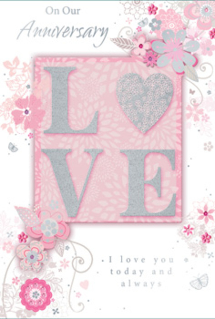 This anniversary card looks and feels like a hand-crafted declaration of love, the kind you might choose after lingering in a local Elm Park florist's shop, appreciating every delicate detail. At its centre, the word LOVE is embossed in raised letters, each stroke finished with a fine dusting of glitter that catches the light with every slight movement. The glitter is soft, more like a frosted sheen than a bold sparkle, maintaining the card's refined, romantic tone. The backdrop is a wash of muted blush pink, merging gently into whisper-light whites and greys, creating a dreamlike atmosphere reminiscent of early spring blossoms just beginning to open. Around this central motif, clusters of hand-drawn flowers and flowing foliage drift across the card, interlacing with one another as if the stems were gently laid on a workbench near Elm Park station. The petals are rendered in pale pinks, ivory whites and subtle silver accents, their outlines precise yet airy, giving the impression of a floral sketchbook come to life. Threads of vines, curving tendrils and tiny stylised leaves frame the text, guiding the viewer's gaze toward the graceful anniversary message written in elegant script. The spacing between elements is carefully considered, with areas of breathing room that make the design feel calm and uncluttered, like a tidy bouquet presented in a clear vase. The overall impression is of enduring affection and quiet celebration, a card that mirrors the gentleness of a couple who have shared many years together, walking familiar Elm Park streets and returning home to a love that still feels beautifully fresh.