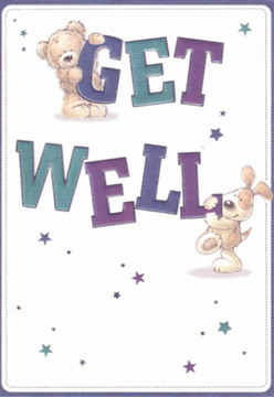 There's a heartfelt magic woven into this get well card, just like the nurturing touch behind every flower arrangement crafted in Elm Park. Against a clean, fresh white background-reminiscent of the peaceful charm of local parks-a sweet teddy bear perches playfully atop the 'GET,' while a spirited puppy lounges cutely along the bold 'WELL.' Their plush, round forms and gentle eyes speak of sincerity and hope, echoing the sense of support one finds in our Elm Park community. Deep purple and teal lettering bring a lively rhythm to the scene, their hues reminiscent of early evening skies over South End Road. Scattered stars, each uniquely shimmering, lend a layer of optimistic sparkle, recalling the fleeting beauty of local wildflowers after rain. As an experienced florist, these carefully rendered details remind me of selecting just the right bloom to bring cheer during recovery-each brushstroke echoing the intention behind a well-chosen bouquet from Flowers Elm Park. This card perfectly embodies the lightness, encouragement, and genuine warmth we strive to deliver with every floral gift to homes around Elm Park.
