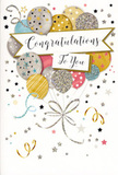 This congratulations card is illustrated like a sky full of party balloons, rendered in a soft, glamorous palette that feels right at home in Elm Park's cosy celebrations. A generous cluster of balloons rises from the lower part of the card, overlapping organically so that the eye travels upward. They shimmer in tones of metallic gold, silver, champagne, and warm grey, blended with gentle sky blue and blush pink, creating a sophisticated yet playful mix. Many balloons are patterned with tiny stars or neat stripes, while others are lightly coated with glitter that appears to sparkle, suggesting a textured finish if you were to hold the card in your hands. Floating across the centre, a graceful banner carries the phrase Congratulations To You in flowing cursive, its elegant lettering adding a sense of sincerity and importance to the message. Surrounding the main design, little star motifs and curled ribbon shapes seem to dance on the pale background, as if caught in a soft breeze after a surprise party in a local Elm Park living room. The lighting in the illustration feels bright but gentle, letting the metallic tones glow without overwhelming the eye. As a florist who often pairs cards with celebratory bouquets for same-day delivery around Elm Park, I see this design as perfect for marking graduations, new jobs, promotions, or any personal achievement. It conveys unreserved joy, genuine pride, and that lovely feeling that a big moment is being recognised with care and style.