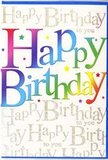 This birthday card captures the spirit of a lively celebration in Elm Park, as if the joy of balloons, streamers, and a table full of sweets has been distilled into a single, vibrant design. The main feature is the phrase Happy Birthday, written in generous, rounded letters that sweep boldly across the card's front. Each character is flooded with a smooth rainbow gradient, beginning with deep cherry red and moving through rosy pink, rich violet, royal blue, grassy green, and into glowing amber and lemon yellow. The transition between colours is soft and fluid, recalling the way tones blend in a hand-tied bouquet designed for a birthday delivery nearby. Around the lettering, small star-like flecks and dots in coordinating hues add a sense of motion, as though confetti is gently drifting down during the final lines of the birthday song. Behind this, an elegant backdrop of repeated Happy Birthday to you in fine, gold cursive wraps the whole design in a gentle shimmer. The script is delicate and slightly blurred at the edges, catching the light like the glint of evening sun on shop windows along local streets. The overall composition is bright but not overwhelming, with balanced spacing that lets both the bold message and the intricate background be clearly seen. It feels like the sort of card you would choose to accompany a fresh, colourful arrangement from Flowers Elm Park, sent across the area to mark someone's special day. The image conveys not only the wording of a greeting, but the excitement and affection behind it.