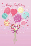 A dreamy birthday illustration unfolds on a velvety pink background, reminiscent of a calm evening sky above the quiet streets of Elm Park. In the centre, a buoyant cluster of pastel balloons rises, creating the impression that the entire bouquet is gently drifting upwards on a breeze. The balloons are painted in soft hues of blush pink, seafoam green, lemon yellow, and lilac, each adorned with its own joyful pattern: playful polka dots that seem to dance, swirling stripes like curled ribbon, and delicate floral and swirl designs that add a handcrafted charm. Nestled among them, a heart-shaped balloon glows subtly, offering a visual reminder of affection at the core of any birthday celebration. Just below, a hand-tied bouquet gathers at the base, as though it is the source of the balloons' lift. The flowers are petite yet full of life, with rounded rosebuds and anemone-like blooms in ivory, pale pink, and gentle mauve. The petals appear soft and layered, almost velvet to the touch, evoking the freshness of flowers just arranged for local delivery. A violet satin bow wraps snugly around the stems, its sheen suggesting a florist's careful final flourish. Small stars and fluttering butterflies dot the surrounding space, adding a sense of magic and movement without crowding the design. Light spills softly across the scene, highlighting the curves of the balloons and the contours of each petal, creating an overall mood of light-hearted festivity. It feels like a sweet, uplifting birthday greeting, perfect for sending love across Elm Park and nearby neighbourhoods.