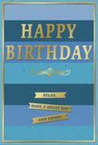This birthday card presents a serene, polished design in layered shades of blue and gleaming gold, the kind of tasteful greeting you might pair with a same-day flower delivery for a friend in Elm Park. The background is made up of generous horizontal stripes that transition from deep navy and twilight blue through softer teal and sky tones, creating a restful ombré sweep across the card. Centered prominently, the words HAPPY BIRTHDAY are embossed in bold capital letters, each letter finished in reflective metallic gold that glows gently rather than sparkling harshly, ensuring the message stands out clearly against the cool blues. Beneath the greeting, a single, ornate golden flourish unfurls in a symmetrical curve, echoing traditional calligraphic designs and adding a subtle touch of formality. Lower down, three narrow gold banners are stacked in a tidy column, each carrying part of a simple, kind-hearted sentiment: Relax, have a great day and enjoy! The ribbons look like small golden tabs of encouragement, inviting the recipient to slow down and savour their special day. A fine gold border runs around the entire perimeter of the card, framing the composition and echoing the sheen of the text and banners. The card stock appears smooth and matte, giving the blue stripes a soft, almost velvety look, while the raised gold embossing would feel slightly textured under the fingers. The overall impression is of quiet joy and sophistication, the sort of card you can imagine standing beside fresh birthday blooms in a cosy Elm Park living room, catching soft daylight and radiating calm, thoughtful celebration.