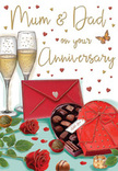 A tender anniversary scene unfolds across the card: two tall champagne flutes stand close together, clear glass catching a soft, late-afternoon light so their golden bubbles seem to rise like tiny promises. Beside them, a pair of crimson roses rests on a tabletop, petals velvety and layered, their deep red set off by glossy green leaves that give the composition a fresh, living contrast. A heart-shaped box of chocolates lies open nearby, satin-lined and topped with a dramatic red bow; a few truffles and a dusting of cocoa sit casually spilled as if someone has already shared a secret taste. Scattered around the scene are small gold and crimson hearts that float across a hand-lettered message reading 'Mum & Dad'-the script warm and personal, the strokes suggesting careful, affectionate preparation. A scarlet envelope peeks from under the chocolate box, sealed as if with a private note, the paper's texture hinted by a faint shadow and the curl of its flap. As a florist with years arranging local celebrations, I imagine the gentle scent of roses mingling with the sweet, slightly bitter cocoa, the soft chime of raised glasses and laughter in a family kitchen. The lighting is intimate, not stage-bright-soft reflections on the glass, a cozy warmth that suggests an evening at home rather than a formal event. This card reads like a quiet celebration of long-standing love, the combination of flowers, fizz and chocolate offering both indulgence and comfort-an image made to recall small, treasured moments shared between partners and remembered by children who know how to mark an anniversary with care.
